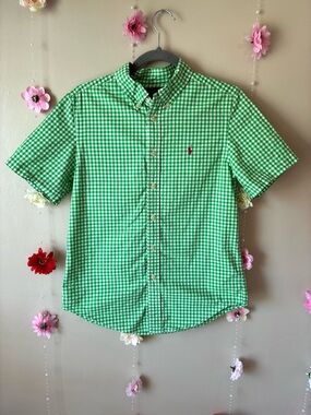 Ralph Lauren Boy's Green and White Short Sleeve Button Down